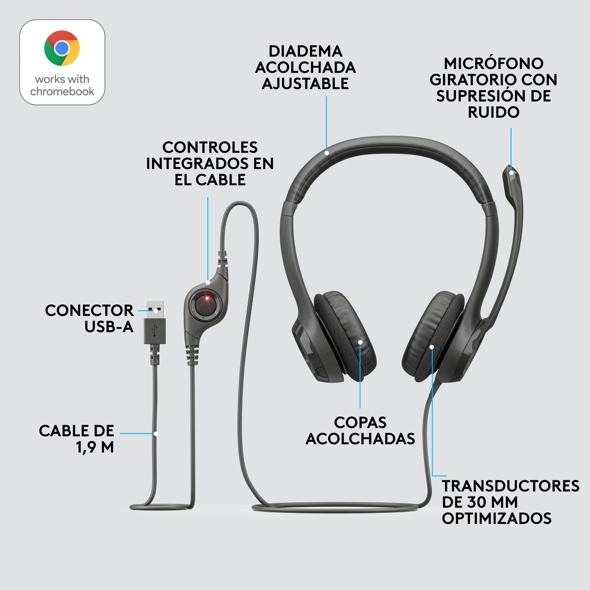 Audífonos con micrófono y cable H390 de Logitech