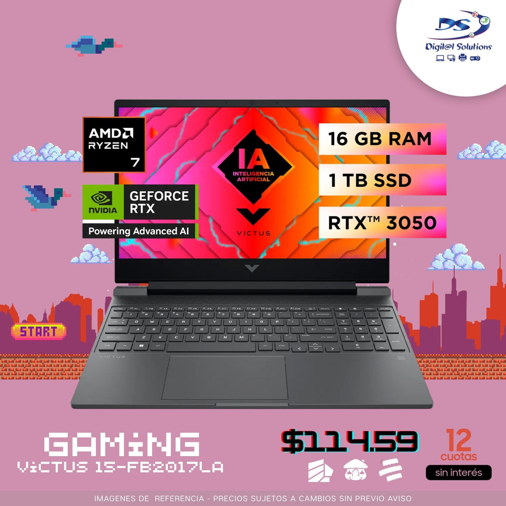 Laptop HP Victus 15-fb2017la A14LNLA#ABM AMD Ryzen 7 8845HS, Pantalla 15.6 Plg", Memoria 16GB DDR5, Almacenamiento 1TB, Gráfica Dedicada