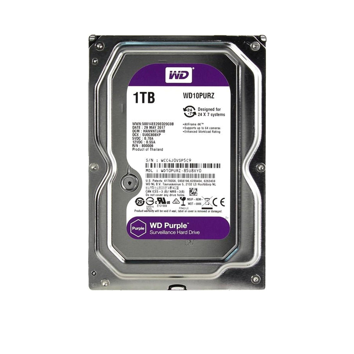 Disco Duro Interno HD Vigilancia 24/7 1TB WD WD10PURZ